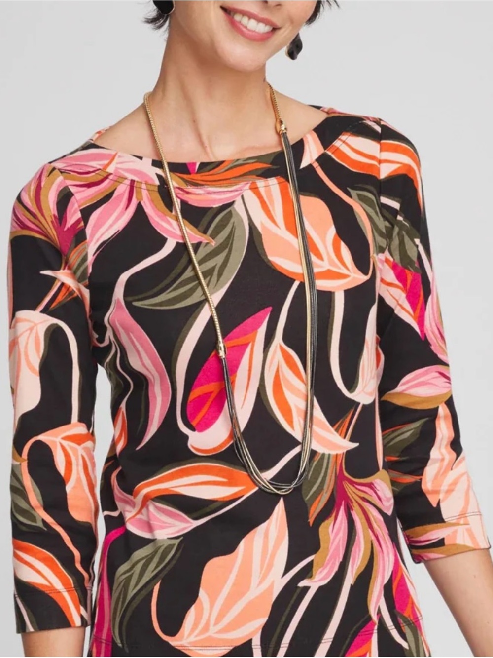 Chico's Touch of Cool 3/4 Sleeve Paisley Leaf Tee Top